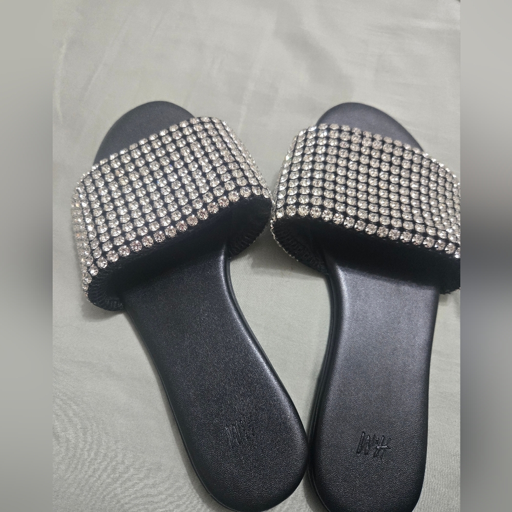 Black & Silver Rhinestone Slide Sandals